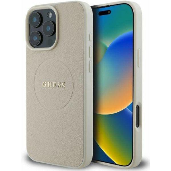 Coque Guess iPhone 16 Pro Max Hardcase MagSafe PU Grained Gold Ring Beige 